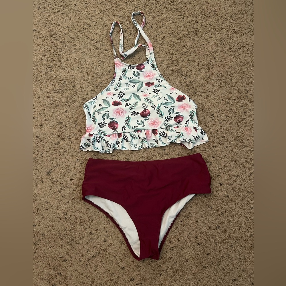 Target, size L, maroon bottoms, floral halter top